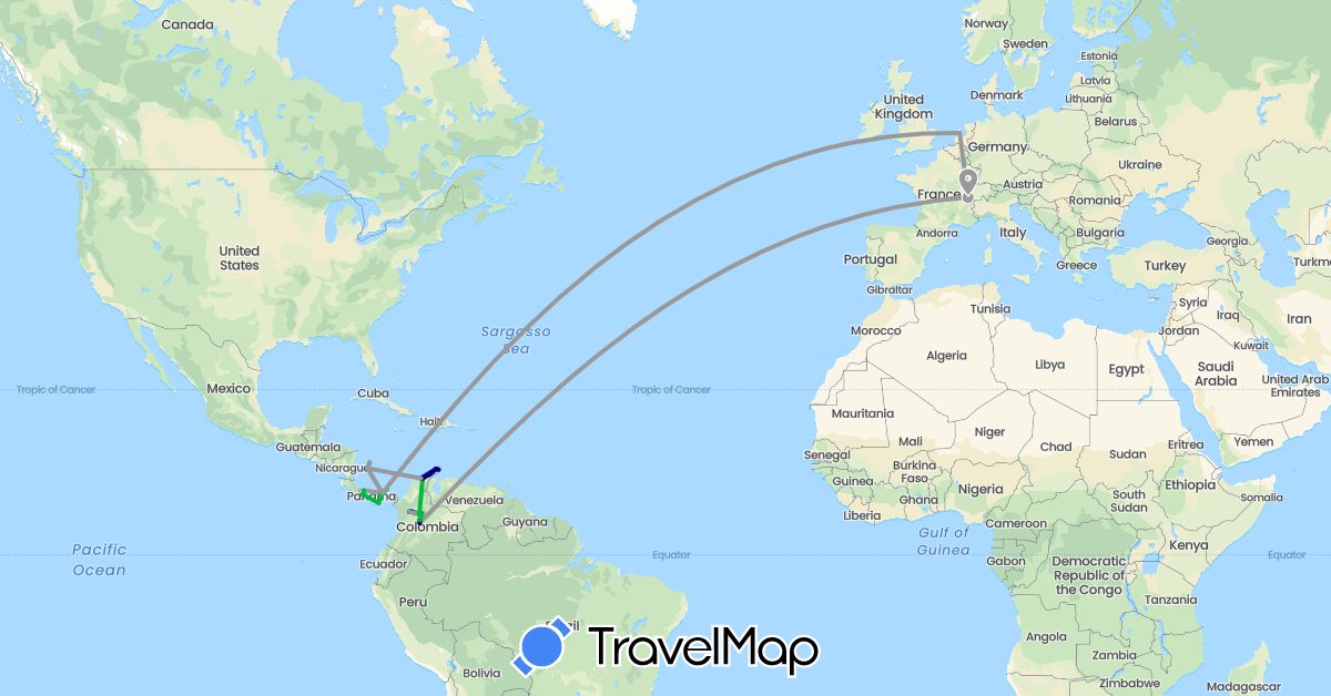TravelMap itinerary: driving, bus, plane, boat in Switzerland, Colombia, France, Netherlands, Panama (Europe, North America, South America)